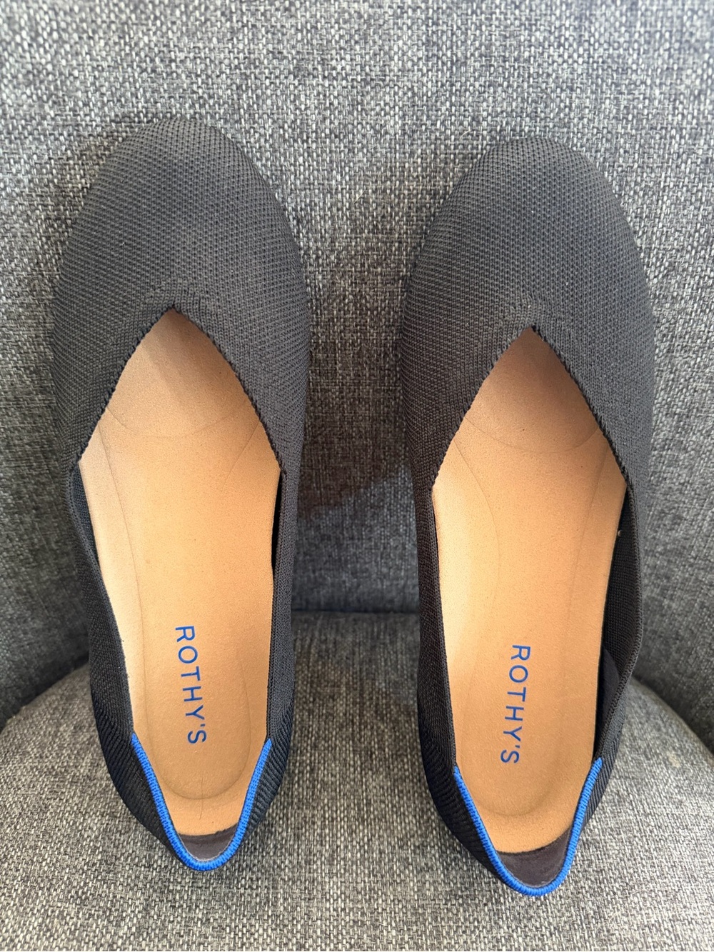 Rothy's Black Pointed Knit Flats with Blue Heel Trim